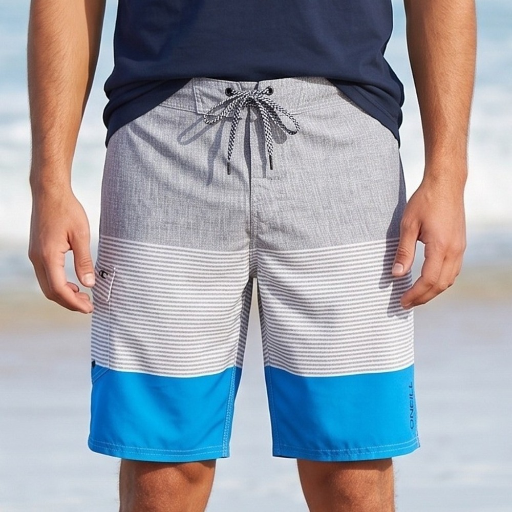 O'Neill Mens‎ Board Shorts Grey Blue Striped Colorblock Swim Trunks Side Pocket